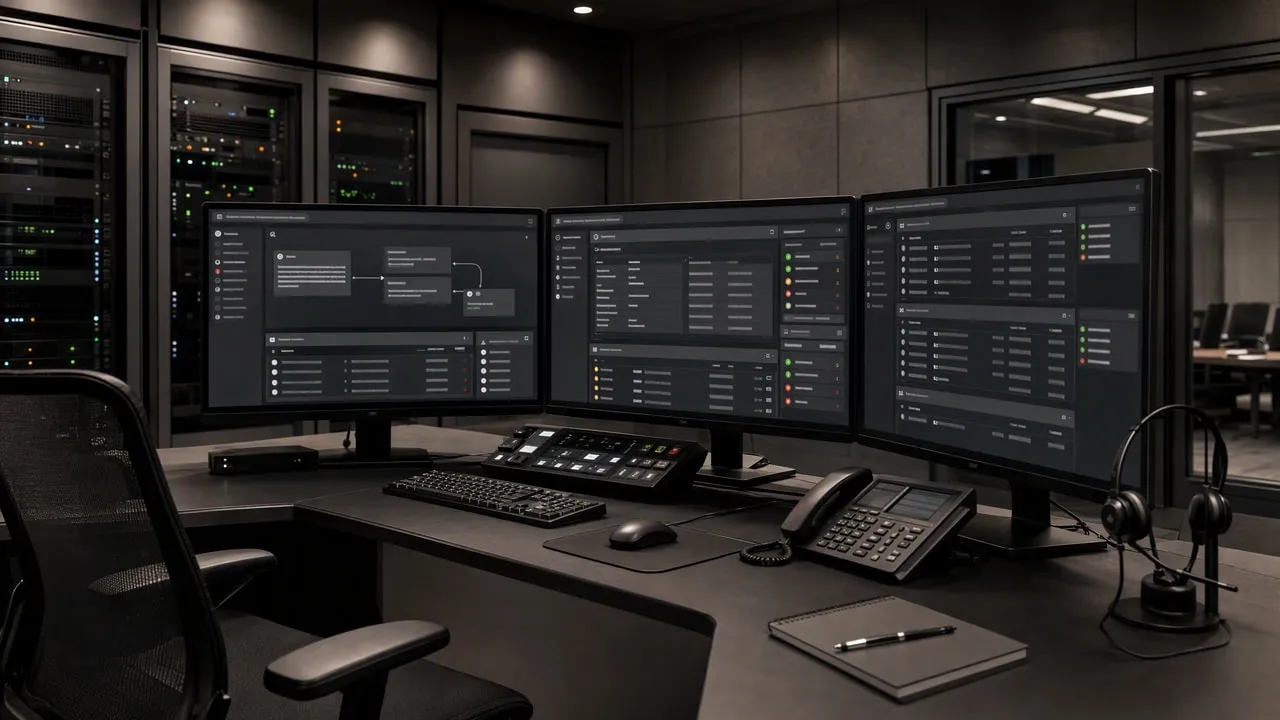Three monitors on a corner desk with a desk phone, headset, keyboard and notebook.