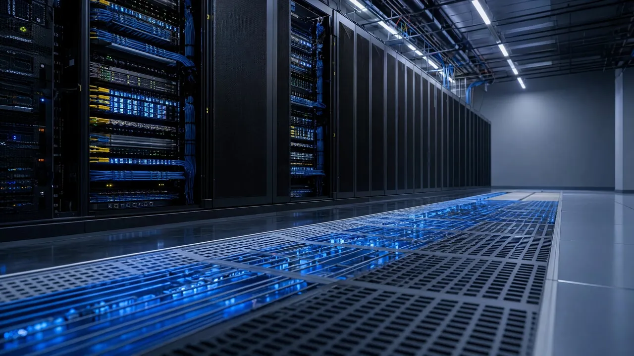 Data hall corner with racks on the left and a blue-lit perforated floor trough, grey wall at the right.