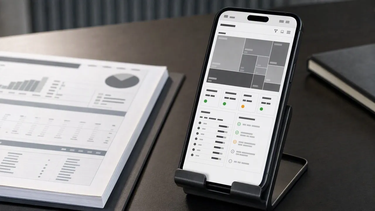 Phone on a stand with treemap dashboard beside printed charts on a desk.