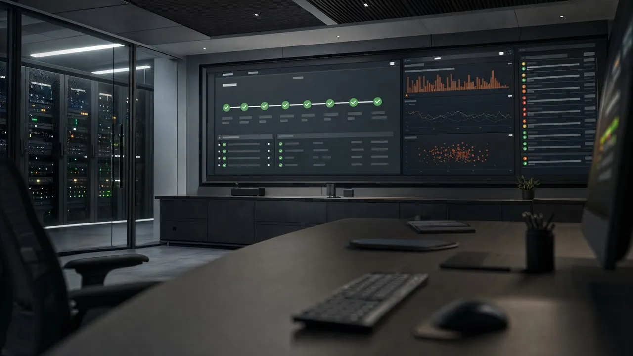 Desk with keyboard in front of a wall dashboard with a row of green nodes and orange chart.