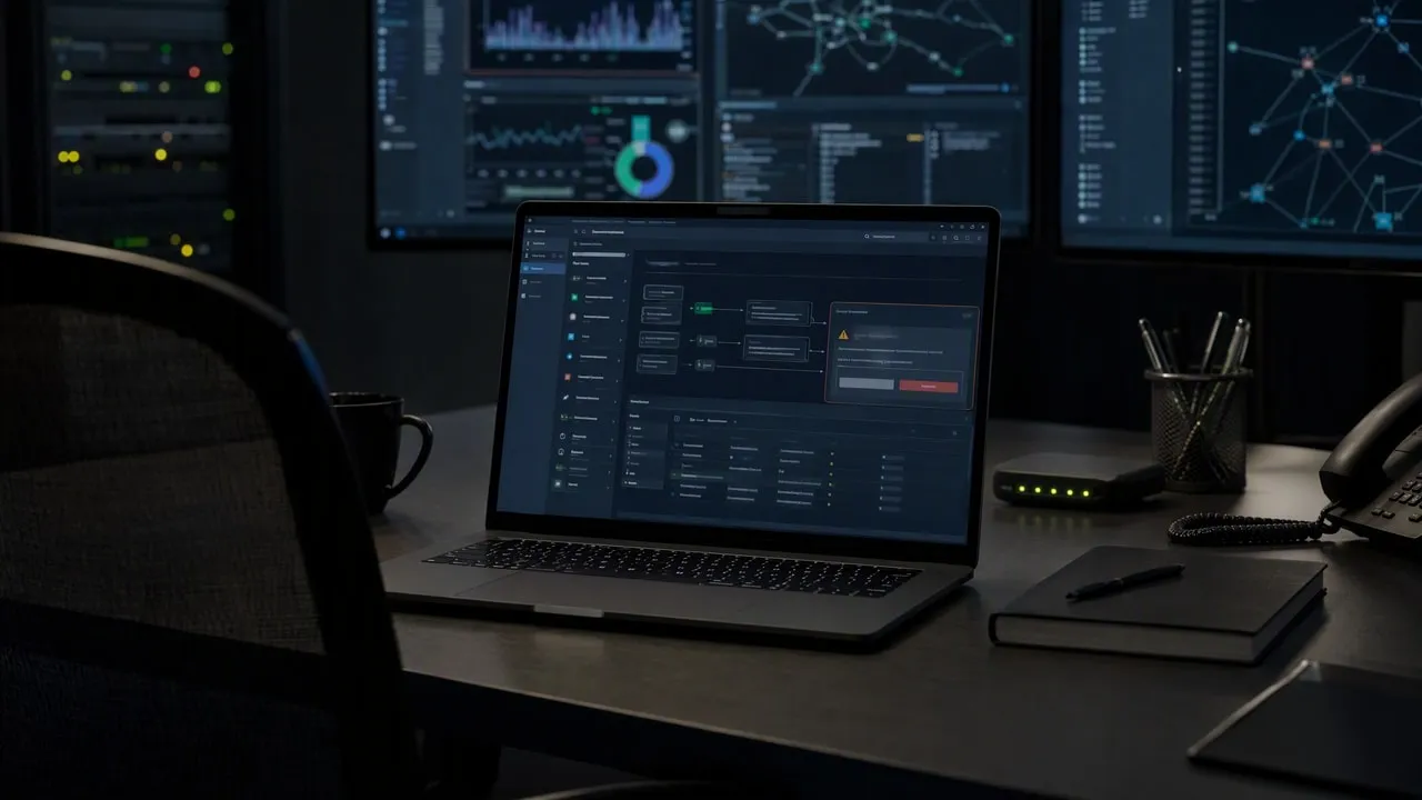 Laptop with dark UI on a desk before large screens showing network graphs, pen holder and chair.