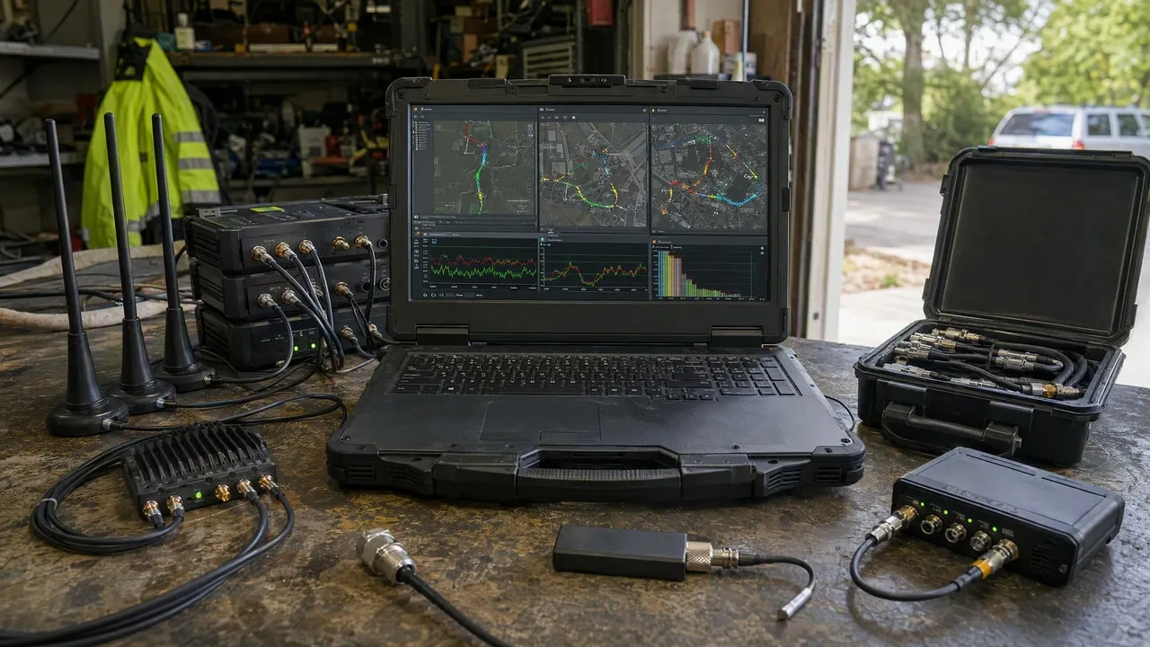 Rugged laptop with map panels, antennas, cases and RF boxes on a workbench, hi-vis at left.